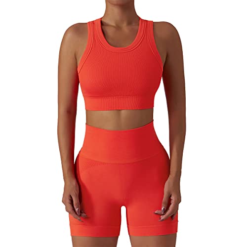 Odizli Sport Set Damen Seamless Ärmellos Oberteil Crop Tops + High Waist Shorts Outfit Frauen Sportset Gym Workout Yoga Kleidung Trainingsanzug Fitness Bekleidung Sportanzug Sportkleidung Orange S von Odizli