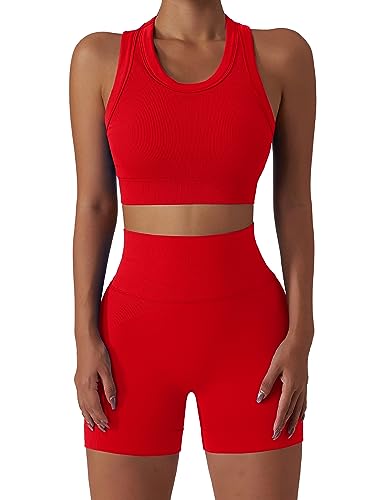 Odizli Sport Set Damen Seamless Ärmellos Oberteil Crop Tops + High Waist Shorts Outfit Frauen Sportset Gym Workout Yoga Kleidung Trainingsanzug Fitness Bekleidung Sportanzug Sportkleidung Rot L von Odizli