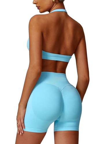 Odizli Sport Set Damen Zweiteiler Neckholder Starker Halt BH+High Waist Shorts Kurz Sporthose Outfit Frauen Sportset Gym Workout Yoga Kleidung Sportanzug Sportkleidung Fitness Bekleidung Himmelblau S von Odizli