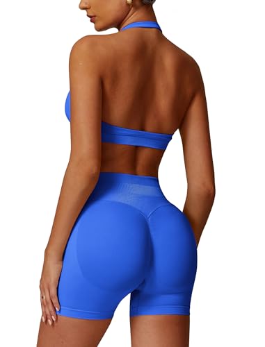 Odizli Sport Set Damen Zweiteiler Neckholder Starker Halt BH + High Waist Shorts Kurz Sporthose Outfit Frauen Sportset Gym Workout Yoga Kleidung Sportanzug Sportkleidung Fitness Bekleidung Blau M von Odizli