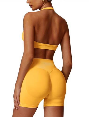 Odizli Sport Set Damen Zweiteiler Neckholder Starker Halt BH + High Waist Shorts Kurz Sporthose Outfit Frauen Sportset Gym Workout Yoga Kleidung Sportanzug Sportkleidung Fitness Bekleidung Gelb S von Odizli