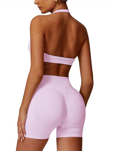 Odizli Sport Set Damen Zweiteiler Neckholder Starker Halt BH + High Waist Shorts Kurz Sporthose Outfit Frauen Sportset Gym Workout Yoga Kleidung Sportanzug Sportkleidung Fitness Bekleidung Rosa L von Odizli