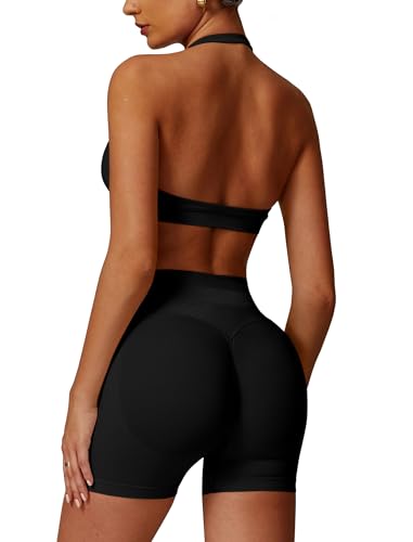 Odizli Sport Set Damen Zweiteiler Neckholder Starker Halt BH + High Waist Shorts Kurz Sporthose Outfit Frauen Sportset Gym Workout Yoga Kleidung Sportanzug Sportkleidung Fitness Bekleidung Schwarz XS von Odizli