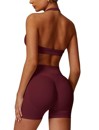 Odizli Sport Set Damen Zweiteiler Neckholder Starker Halt BH + High Waist Shorts Kurz Sporthose Outfit Frauen Sportset Gym Workout Yoga Kleidung Sportanzug Sportkleidung Fitness Bekleidung Weinrot S von Odizli