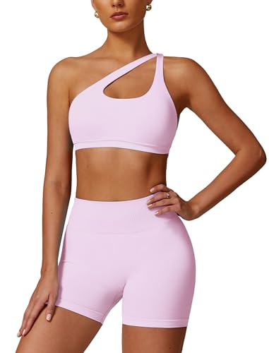 Odizli Sport Set Damen Zweiteiler One Shoulder Starker Halt BH + High Waist Shorts Kurz Sporthose Outfit Frauen Sportset Gym Workout Yoga Kleidung Sportanzug Sportkleidung Fitness Bekleidung Rosa S von Odizli