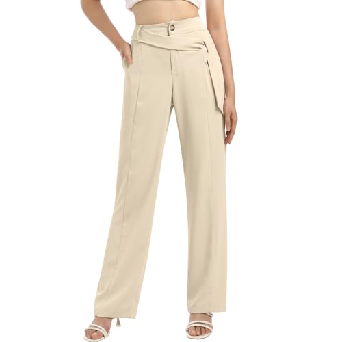 Odizli Stoffhose Damen Elegant Locker High Waist Anzughose Culottes Palazzo Hosenrock Lang Weite Bein Wide Leg Chino Hose Sommer Business Festlich Marlenehose Schlupfhose Bundfaltenhose Beige M von Odizli