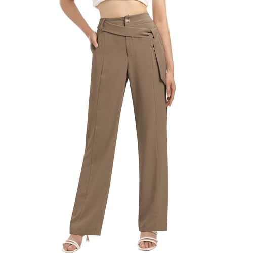 Odizli Stoffhose Damen Elegant Locker High Waist Anzughose Culottes Palazzo Hosenrock Lang Weite Bein Wide Leg Chino Hose Sommer Business Festlich Marlenehose Schlupfhose Bundfaltenhose Khaki L von Odizli