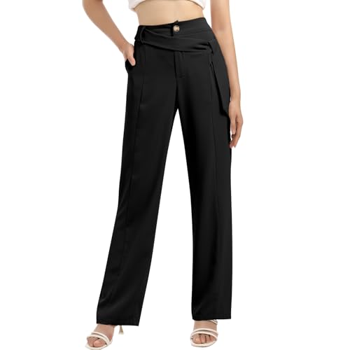 Odizli Stoffhose Damen Elegant Locker High Waist Anzughose Culottes Palazzo Hosenrock Lang Weite Bein Wide Leg Chino Hose Sommer Business Festlich Marlenehose Schlupfhose Bundfaltenhose Schwarz L von Odizli