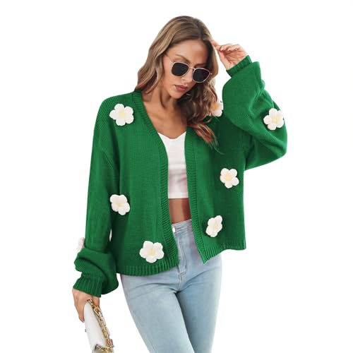 Odizli Strickjacke Damen Grobstrick Elegant Cardigan Strickmantel 3D Blumen Langarm V Ausschnitt Offene Front Herbst Winter Warm Kurz Lang Pullover Crochet Knitted Sweater Outwear Gr�n L von Odizli