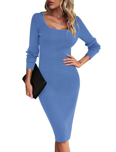 Odizli Strickkleid Damen Winter Herbst Elegant Langarm Geripptes Midi Pulloverkleid mit Schlitz Bodycon Kleid Etuikleid Midikleid Hochzeit Hochzeitsgast Herbstkleid Winterkleid Partykleid Blau XL von Odizli