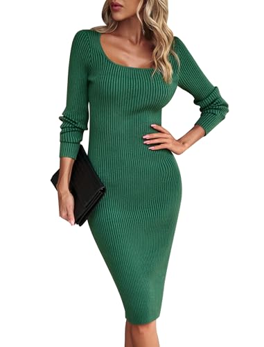 Odizli Strickkleid Damen Winter Herbst Elegant Langarm Geripptes Midi Pulloverkleid mit Schlitz Bodycon Kleid Etuikleid Midikleid Hochzeit Hochzeitsgast Herbstkleid Winterkleid Partykleid Gr�n L von Odizli