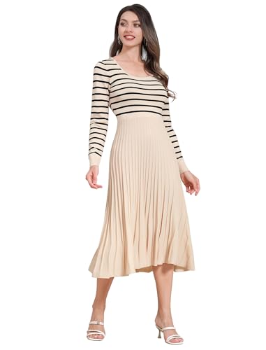 Odizli Strickkleid Damen Winter Herbst Elegant Langarm Gestreift Geripptes Swing A-Linie Plisseekleid Midi Pulloverkleid Midikleid Festlich Hochzeit Hochzeitsgast Herbstkleid Winterkleid Aprikose L von Odizli