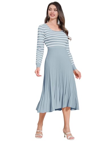 Odizli Strickkleid Damen Winter Herbst Elegant Langarm Gestreift Geripptes Swing A-Linie Plisseekleid Midi Pulloverkleid Midikleid Festlich Hochzeit Hochzeitsgast Herbstkleid Winterkleid Blau XL von Odizli