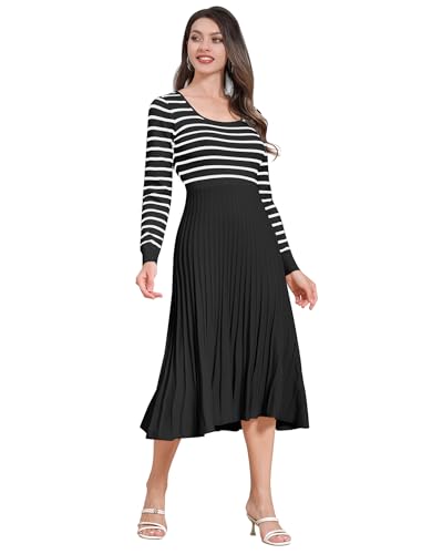 Odizli Strickkleid Damen Winter Herbst Elegant Langarm Gestreift Geripptes Swing A-Linie Plisseekleid Midi Pulloverkleid Midikleid Festlich Hochzeit Hochzeitsgast Herbstkleid Winterkleid Schwarz S von Odizli