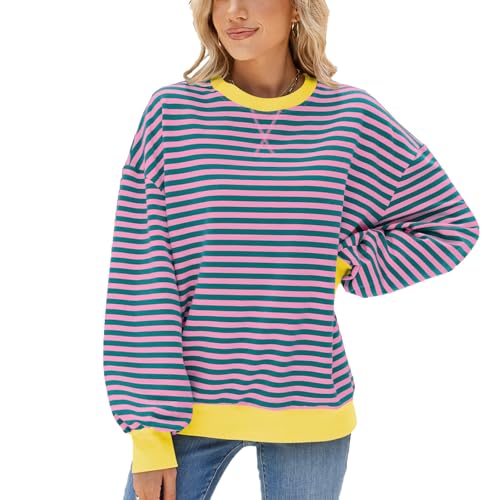 Odizli Sweatshirt Damen Oversized Langarm Rundhalsausschnitt Gestreift Herbst Winter L�ssig Sweater Pullover Pulli Winterpullover Langarmshirt Damenpullover Casual Oberteile ohne Kapuze Gr�n Rosa L von Odizli