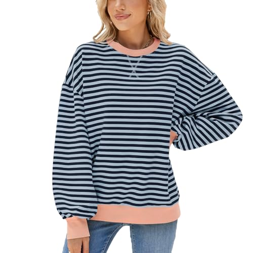 Odizli Sweatshirt Damen Oversized Langarm Rundhalsausschnitt Gestreift Herbst Winter Lässig Sweater Pullover Pulli Winterpullover Langarmshirt Damenpullover Casual Oberteile ohne Kapuze Blau Grau M von Odizli