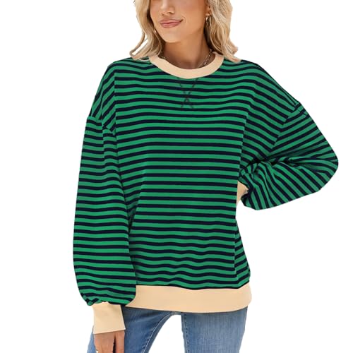 Odizli Sweatshirt Damen Oversized Langarm Rundhalsausschnitt Gestreift Herbst Winter Lässig Sweater Pullover Pulli Winterpullover Langarmshirt Damenpullover Casual Oberteile ohne Kapuze Grün Blau XL von Odizli