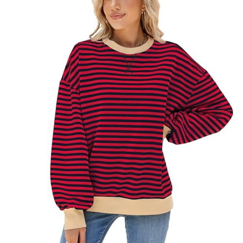Odizli Sweatshirt Damen Oversized Langarm Rundhalsausschnitt Gestreift Herbst Winter Lässig Sweater Pullover Pulli Winterpullover Langarmshirt Damenpullover Casual Oberteile ohne Kapuze Rot Blau L von Odizli