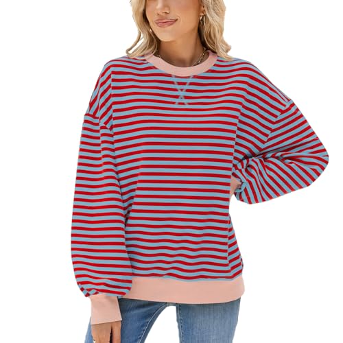 Odizli Sweatshirt Damen Oversized Langarm Rundhalsausschnitt Gestreift Herbst Winter Lässig Sweater Pullover Pulli Winterpullover Langarmshirt Damenpullover Casual Oberteile ohne Kapuze Rot Grau L von Odizli