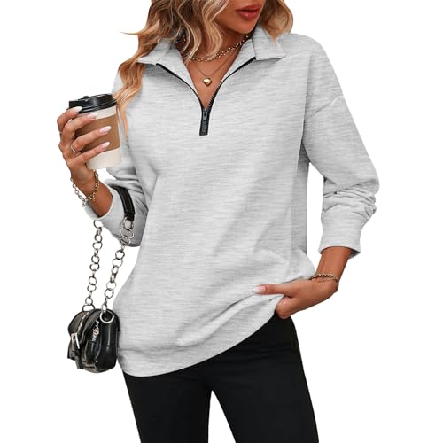 Odizli Sweatshirt Damen ohne Kapuze Oversized Troyer Basic Half Zip 1/4 Reißverschluss Zipper Langarm Herbst Winter Lässig Warm Pullover Pulli Sweater Winterpullover Fleece Oberteile Hellgrau-A M von Odizli