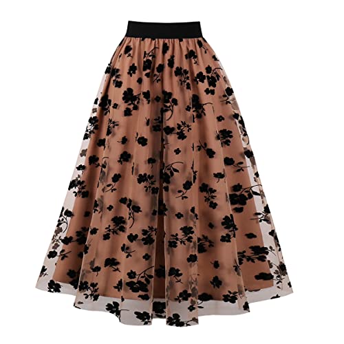 Odizli T�llrock Damen Lang Faltenrock 50er Jahre Rockabilly Elegant Vintage Elastisch High Waist 3D Herz Druck A Linie Swing Midi Petticoat R�cke Tellerrock Frauen Festlich Tutu Plisseerock Khaki XXL von Odizli