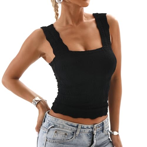 Odizli Tank Top Damen Sommer Ärmellos Spaghettiträger Spaghetti Y2K Blume Crop Tops Trägertop Tanktop Slim Fit Figurbetontes Oberteile Frauen Party Festival Rave Teenager Mädchen Streetwear Schwarz S von Odizli