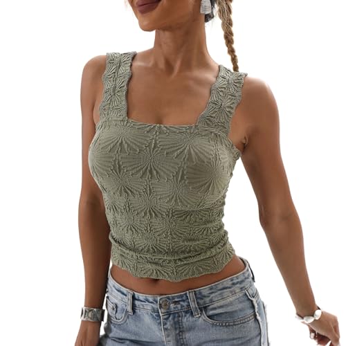 Odizli Tank Top Damen Sommer Ärmellos Spaghettiträger Spaghetti Y2K Blume Crop Tops Trägertop Tanktop Slim Fit Figurbetontes Oberteile Frauen Party Festival Rave Teenager Mädchen Streetwear Grün S von Odizli