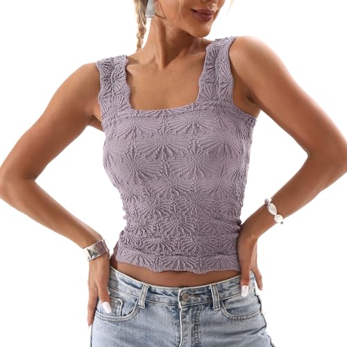 Odizli Tank Top Damen Sommer Ärmellos Spaghettiträger Spaghetti Y2K Blume Crop Tops Trägertop Tanktop Slim Fit Figurbetontes Oberteile Frauen Party Festival Rave Teenager Mädchen Streetwear Lila S von Odizli