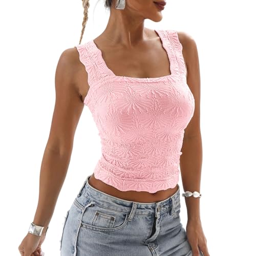Odizli Tank Top Damen Sommer Ärmellos Spaghettiträger Spaghetti Y2K Blume Crop Tops Trägertop Tanktop Slim Fit Figurbetontes Oberteile Frauen Party Festival Rave Teenager Mädchen Streetwear Rosa S von Odizli