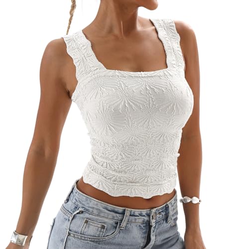 Odizli Tank Top Damen Sommer Ärmellos Spaghettiträger Spaghetti Y2K Blume Crop Tops Trägertop Tanktop Slim Fit Figurbetontes Oberteile Frauen Party Festival Rave Teenager Mädchen Streetwear Weiß S von Odizli