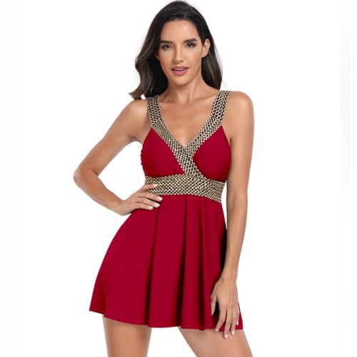 Odizli Tankini Damen Bauchweg Sexy Spaghetti V-Ausschnitt Push Up Oberteil Badekleid Badeshorts Badeanzug mit Cups Rock Shorts Zweiteiler Set Sommer Bademode Strandmode Große Größen Weinrot S von Odizli