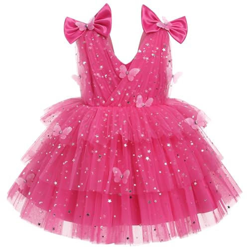Odizli Taufkleid Baby Mädchen Ärmellos Glitzer Pailletten Schmetterling Geburtstag Party Prinzessin Kleid Tutu Tüllkleid Kinder Festlich Hochzeit Einschulung Sommerkleid Rosenrot 4-5 Jahre von Odizli