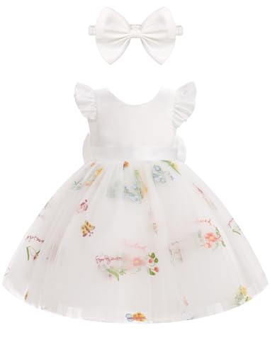 Odizli Taufkleid Baby Mädchen Sommer Prinzessin Kleid Tutu Tüllkleid + Stirnband 1. Geburtstag Outfit Blumenmädchenkleider Festlich Hochzeit Party Ballkleid Einschulung Sommerkleid Weiß 6-9 Monate von Odizli