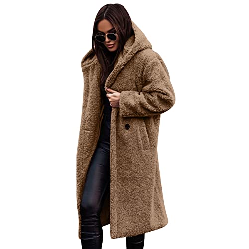 Odizli Teddy Jacken für Damen Felljacke Kuscheljacke Flauschig Plüschjacke Fleecejacke mit Kapuze Lang Wintermantel Winterjacke Herbst Winter Warm Elegant Mantel Teddyfleece Jacke Teddyjacke Kamel M von Odizli