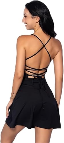 Odizli Tenniskleid Damen mit Hose Drunter Shorts Zweiteiler Frauen Sommer Camisole Tank Rückenfreies Tennis Kleid Golfkleid Workout Sport Gym Fitness Sportkleid Sommerkleid Sportkleidung Schwarz XS von Odizli