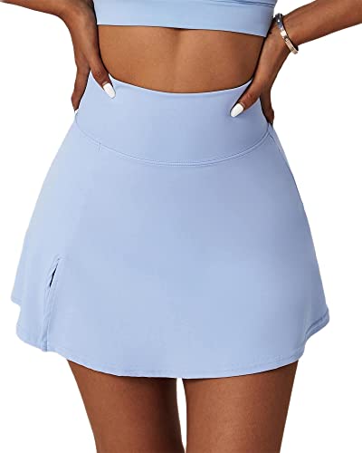 Odizli Tennisrock Damen mit Hose Kurz Hosenrock Sommer Basics Skort Drunter Minirock Tennis Rock mit Schlitz Golf Fitness Workout Running Hockey Sommerrock Festival Rave Techno Outfit Blau-Rock L von Odizli