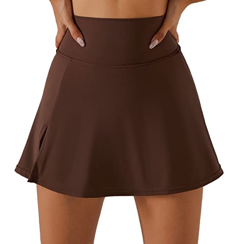 Odizli Tennisrock Damen mit Hose Kurz Hosenrock Sommer Basics Skort Drunter Minirock Tennis Rock mit Schlitz Golf Fitness Workout Running Hockey Sommerrock Festival Rave Techno Outfit Braun-Rock XL von Odizli