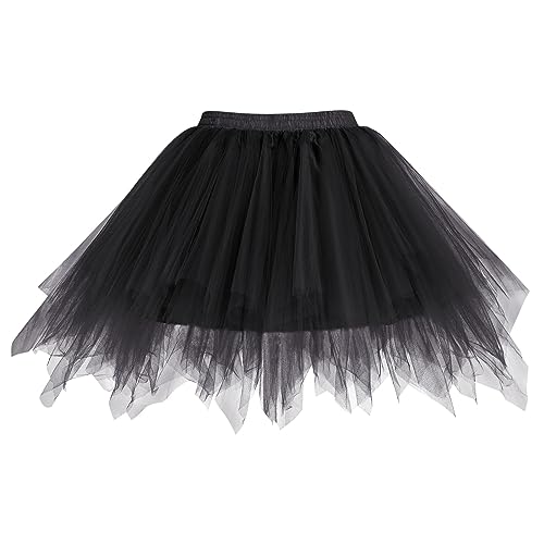 Odizli Tüllrock Damen Kurz Rockabilly 50er 80er Petticoat Unterrock Puffy Tütü Mini Rock Ballett Tutu Tanzkleid Halloween Karneval Fasching Hexe Teufel Vampir Cosplay Kostüm Faschingskostüm Schwarz F von Odizli