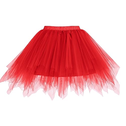 Odizli Tüllrock Damen Kurz Rockabilly 50er 80er Petticoat Unterrock Puffy Tütü Mini Rock Ballett Tutu Tanzkleid Halloween Karneval Fasching Hexe Teufel Vampir Cosplay Kostüm Faschingskostüm Rot F von Odizli