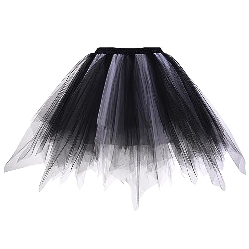 Odizli Tüllrock Damen Kurz Rockabilly 50er 80er Petticoat Unterrock Puffy Tütü Rock Ballett Tutu Tanzkleid Halloween Karneval Fasching Hexe Teufel Vampir Cosplay Kostüm Faschingskostüm Schwarz+Weiß F von Odizli