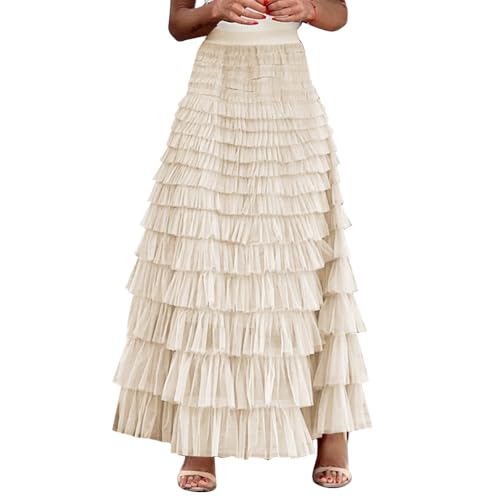 Odizli Tüllrock Damen Lang Elegant Vintage Frühling Sommer Elastisch High Waist Tiered Rüschen Mesh Rock A Linie Swing Midi Röcke Frauen Festlich Hochzeit Hochzeitsgast Herbst Maxirock Aprikose M von Odizli