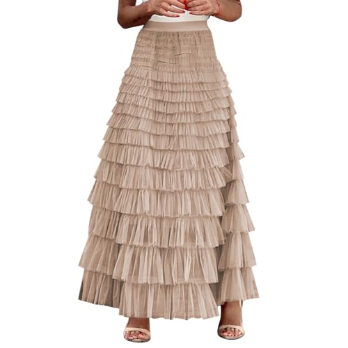 Odizli Tüllrock Damen Lang Elegant Vintage Frühling Sommer Elastisch High Waist Tiered Rüschen Mesh Rock A Linie Swing Midi Röcke Frauen Festlich Hochzeit Hochzeitsgast Herbst Maxirock Khaki L von Odizli