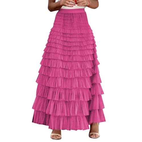Odizli Tüllrock Damen Lang Elegant Vintage Frühling Sommer Elastisch High Waist Tiered Rüschen Mesh Rock A Linie Swing Midi Röcke Frauen Festlich Hochzeit Hochzeitsgast Herbst Maxirock Rosenrot L von Odizli