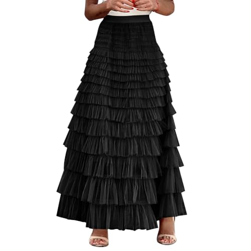 Odizli Tüllrock Damen Lang Elegant Vintage Frühling Sommer Elastisch High Waist Tiered Rüschen Mesh Rock A Linie Swing Midi Röcke Frauen Festlich Hochzeit Hochzeitsgast Herbst Maxirock Schwarz M von Odizli