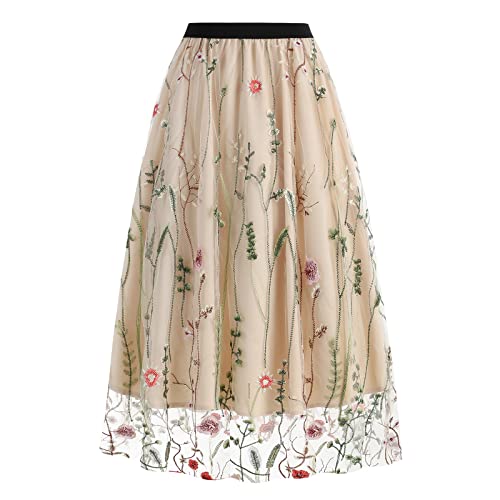 Odizli Tüllrock Damen Lang Faltenrock 50er Jahre Rockabilly Elegant Vintage Blume Gestickte Elastisch High Waist A Linie Swing Midirock Petticoat Röcke Frauen Festlich Plisseerock Aprikose Blume XXL von Odizli