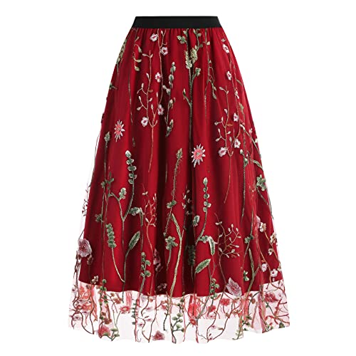 Odizli Tüllrock Damen Lang Faltenrock 50er Jahre Rockabilly Elegant Vintage Blume Gestickte Elastisch High Waist A Linie Swing Midirock Petticoat Röcke Frauen Festlich Plisseerock Rot Blume M von Odizli