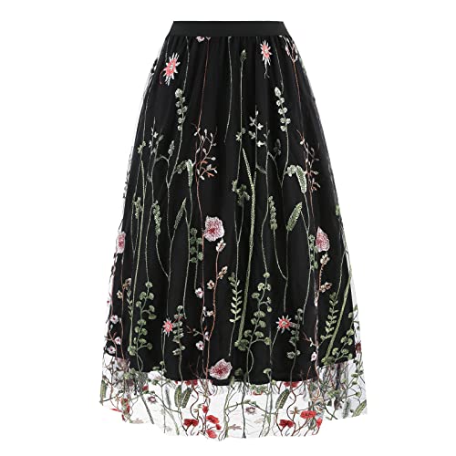 Odizli Tüllrock Damen Lang Faltenrock 50er Jahre Rockabilly Elegant Vintage Blume Gestickte Elastisch High Waist A Linie Swing Midirock Petticoat Röcke Frauen Festlich Plisseerock Schwarz Blume L von Odizli