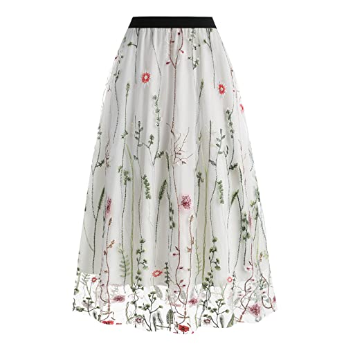 Odizli Tüllrock Damen Lang Faltenrock 50er Jahre Rockabilly Elegant Vintage Blume Gestickte Elastisch High Waist A Linie Swing Midirock Petticoat Röcke Frauen Festlich Plisseerock Weiß Blume L von Odizli