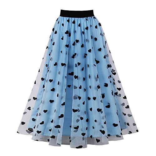 Odizli Tüllrock Damen Lang Faltenrock 50er Jahre Rockabilly Elegant Vintage Elastisch High Waist 3D Herz Druck A Linie Swing Midi Petticoat Röcke Tellerrock Frauen Festlich Tutu Plisseerock Blau XXL von Odizli