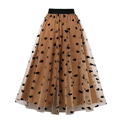 Odizli Tüllrock Damen Lang Faltenrock 50er Jahre Rockabilly Elegant Vintage Elastisch High Waist 3D Herz Druck A Linie Swing Midi Petticoat Röcke Tellerrock Frauen Festlich Tutu Plisseerock Braun XL von Odizli